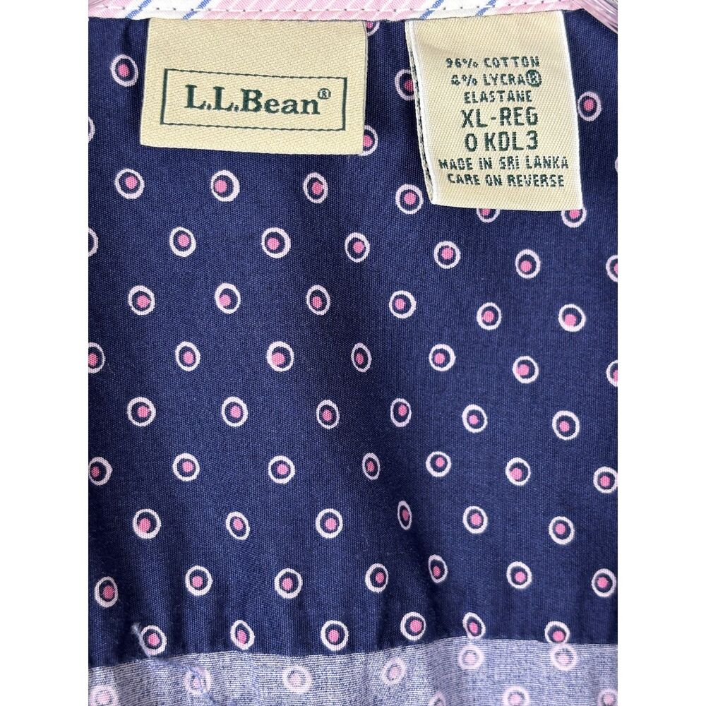 L.L. Bean Navy Blue Pink Polka Dot Button Down Shirt Women's XL Cotton Stretch - Picture 3 of 11